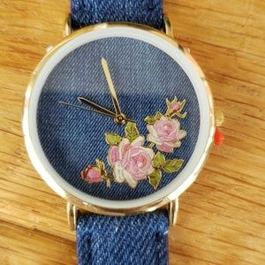 Denim watch floral face gold hardware